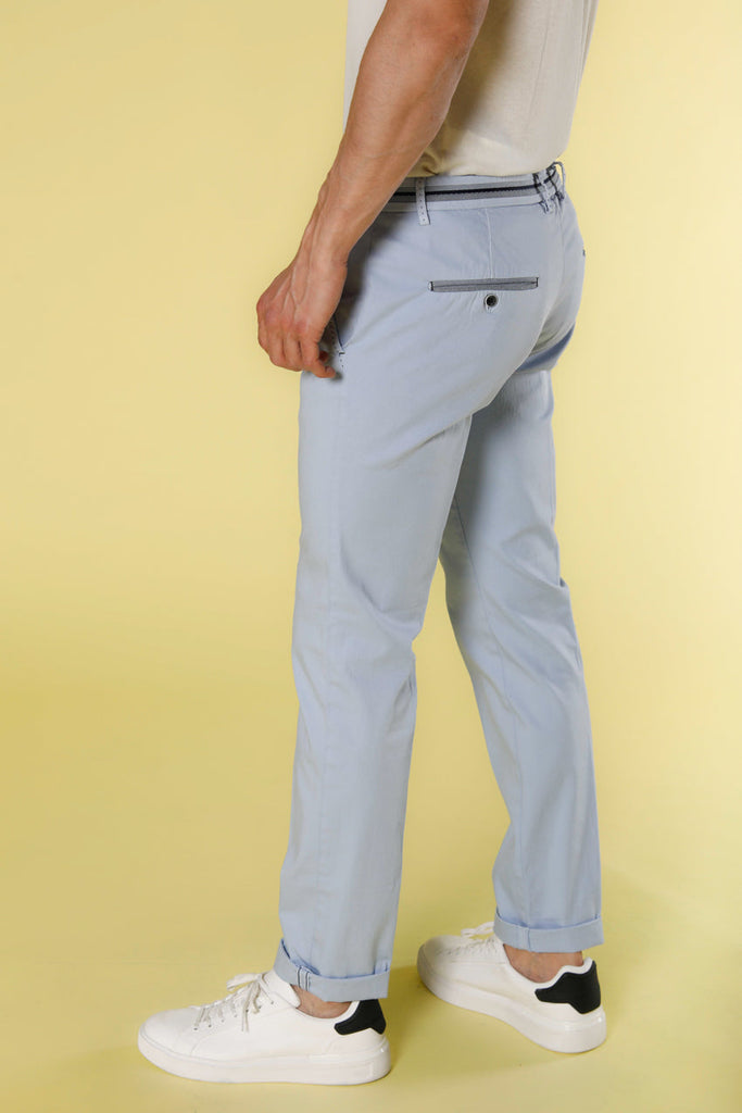 Image 3 of men's sky-colored stretch satin chino pants with ribbons model Torino Tapes by Mason's