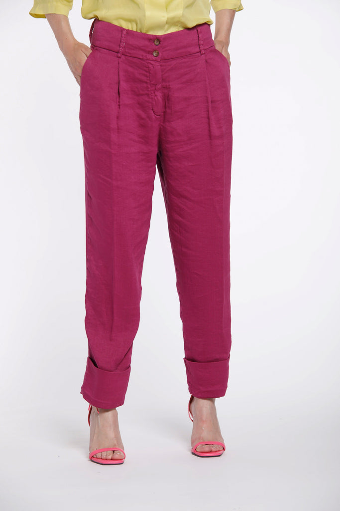 Iris woman chino pants in linen and viscose with wide turn-up curvy