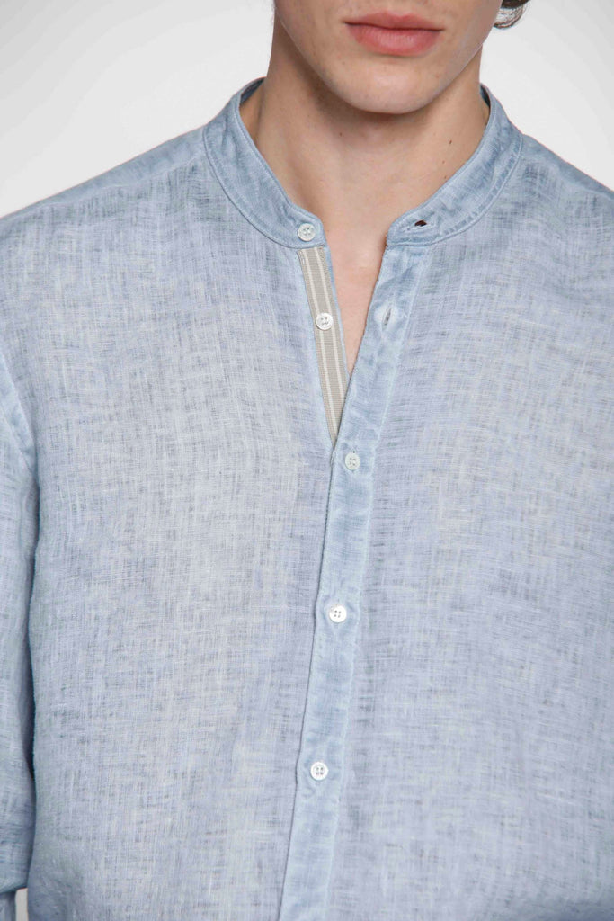 Porto man shirt in "cold dye" linen with mandarin collar and ribbons
