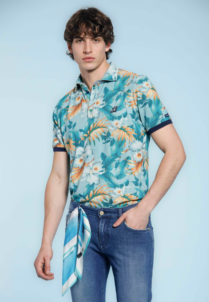 Print man polo shirt in cotton with flower  pattern and details
